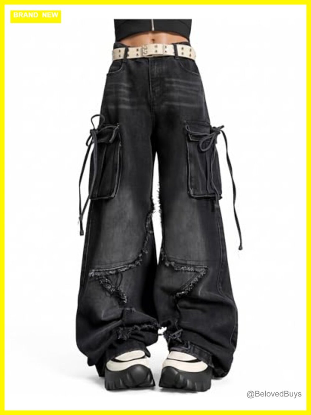Women's Baggy Star Cargo Jeans High Waisted Elastic Waist Boyfriend Denim Pants